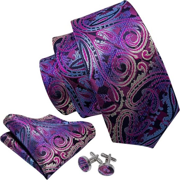 SILK Paisley Necktie And Pocket Square Cufflinks Set Purple - Picture 5 of 6
